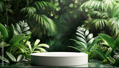 product display podium in green room with tropical plants. Product presentation theme. Nature and Organic cosmetic and food concept. 3D illustration rendering