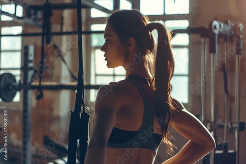 Young fitness woman with hair up exercising in the gym