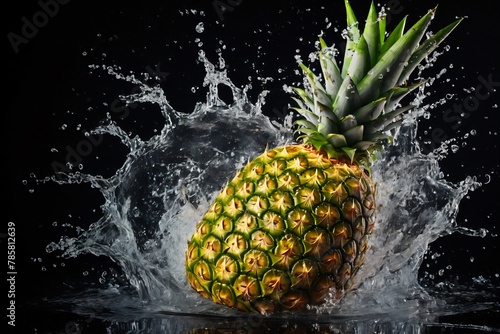 A pineapple fruit dropping into the water and splashing on black background