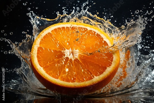 Close-up orange half sinking into water with splashes on black background