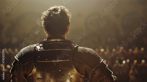 A lone knight stands with arms crossed staring out into the arena back to the camera. The tension and anticipation of . . photo