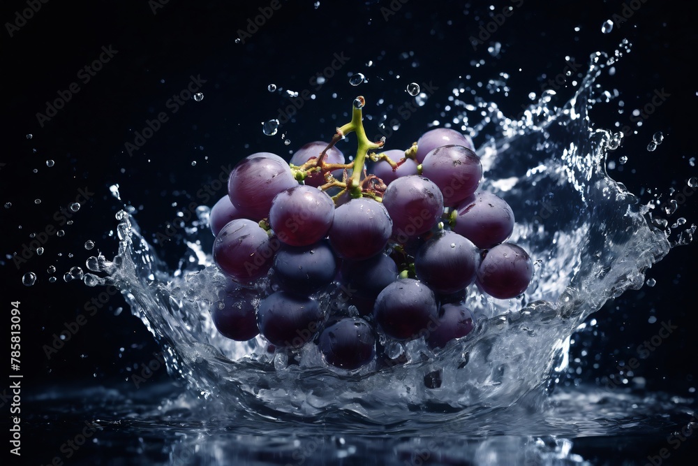 Fresh grapes fall into the water scattering a lot of splashes on black background