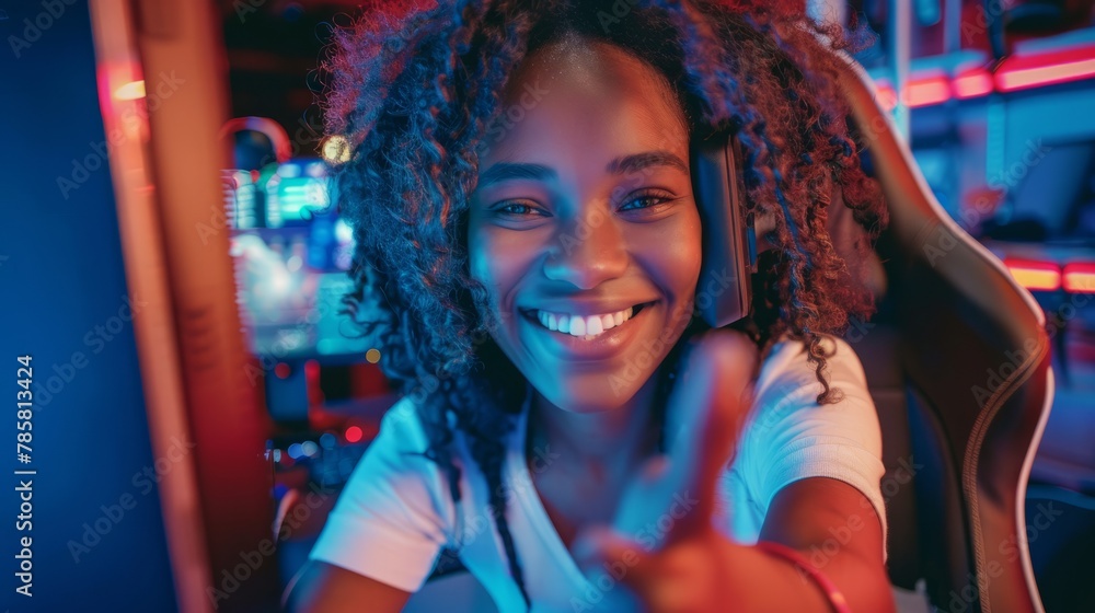 An adult african american woman is is making a selfie while smiling with a telephone behind a computer while gaming a high tech social media woman hyper realistic An adult african american woman is is making a selfie while smiling with a telephone behind a computer while gaming a high tech social media woman hyper realistic