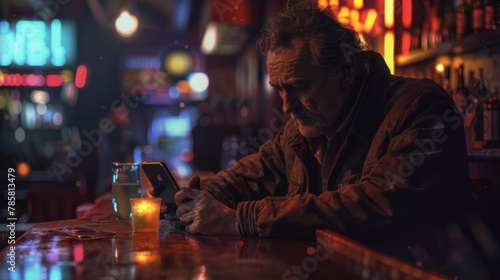 araffe man sitting at a bar using a cell phone Generative AI hyper realistic 
