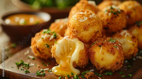 Steaming mozzarella cheese balls with golden breadcrumbs on a wooden board, concept of gourmet appetizers and comfort food