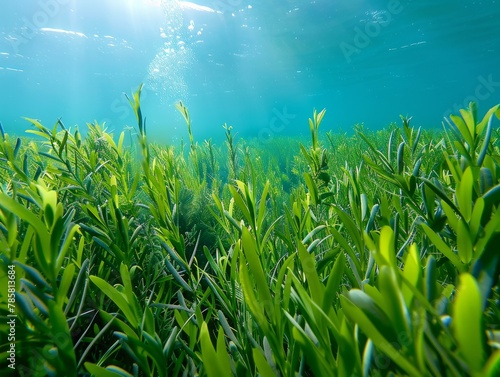 Blue carbon sinks. Natural carbon sinks capture emissions. Underwater plant role in carbon sequestration. Kelp forest and seagrass meadow. Underwater forest carbon dioxide capture. 