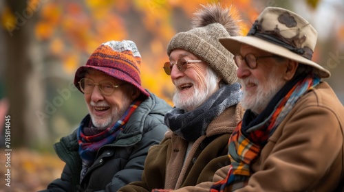 Senior friends laughing joyously in a park with fall colors, Concept of lifelong friendships and enjoyment of retirement