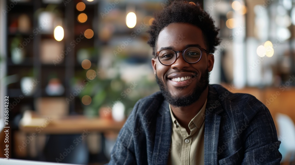Obraz premium Casually dressed young man with a bright smile enjoying time in a vibrant workspace, Concept of startup culture and job satisfaction