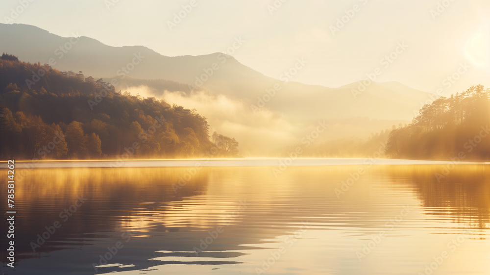 Fototapeta premium Golden Sunrise Over Misty Lake