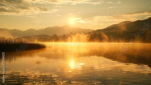 Golden Sunrise Over Misty Lake