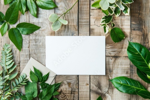 elegant floral wedding invitation mockup with white cards and green leaves on rustic table top view