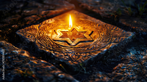 Cryptic Symbols: Mysterious Symbols Carved into Stone, Illuminated by Candlelight photo