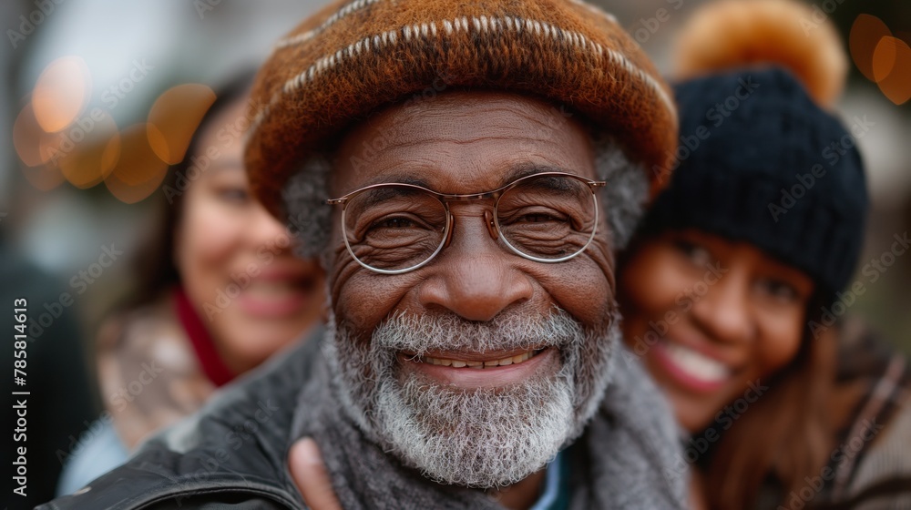 Portrait of a senior African American man embraced by diverse smiling friends, Concept of inclusivity and joy in community