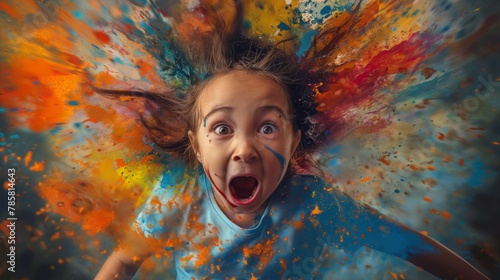 Young girl with a look of amazement and face painted in a whirl of vivid colors, Concept of creativity and joyful expression in childhood