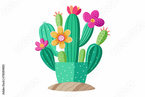 Charming cactus with bright flowers blooms against a clean white backdrop.