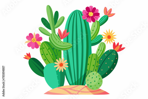 Charming cactus with vibrant flowers blooms gracefully against a pristine white background.
