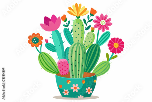 A charming cactus adorned with vibrant flowers blossoms against a pristine white background.