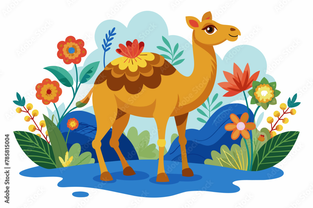 Charming camel adorns a white background with delicate flowers.
