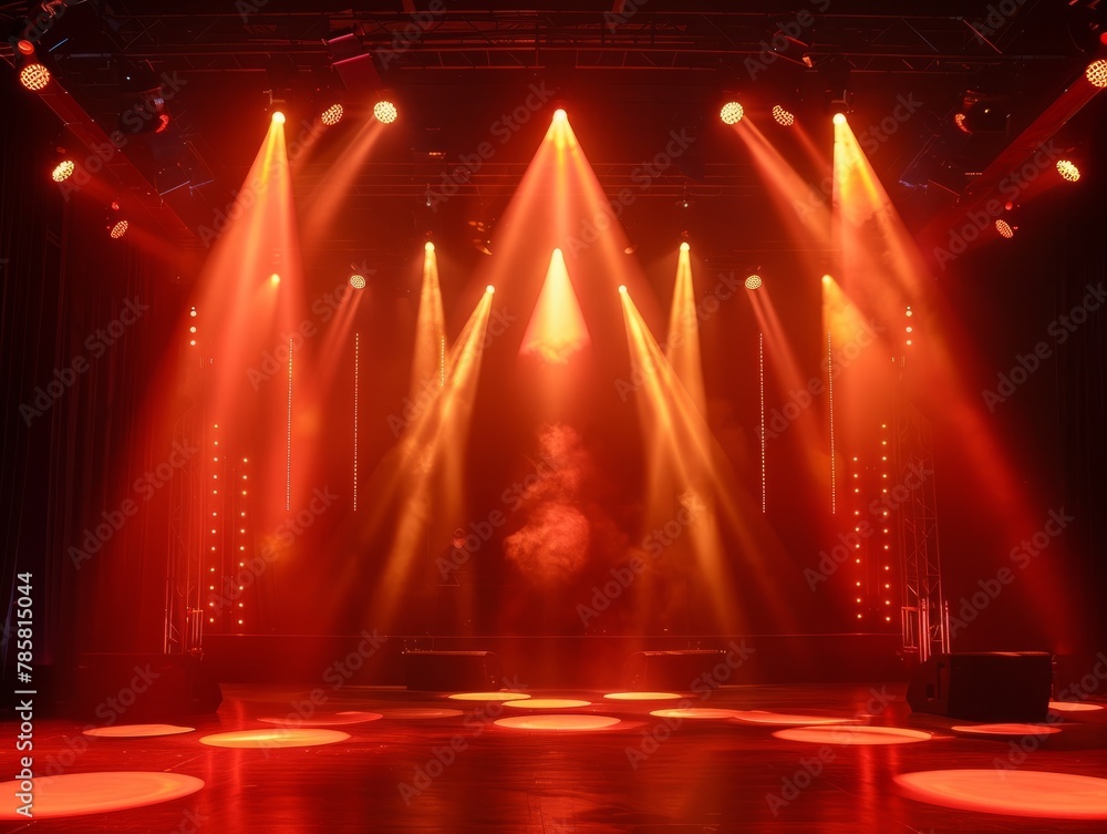 Empty stage light background. Illuminated stage with warm lighting design for modern dance performance. Entertainment show. Stage design for modern dance. Spotlight effect on stage. Generative AI. 