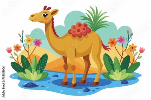 Charming camel with flowers on a white background.