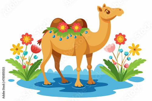 The camel animal charmingly adorned with flowers poses majestically against a pure white backdrop.