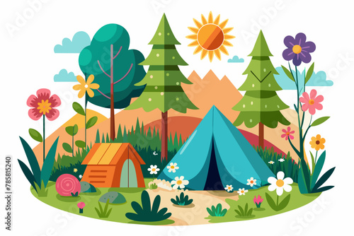 A charming camp scene with vibrant flowers against a pure white background  creating a tranquil and inviting atmosphere.