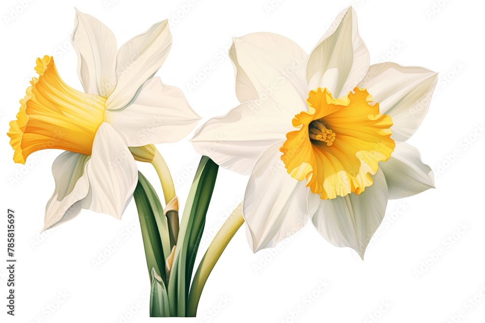 Fototapeta premium White and yellow daffodils isolated on white background. Vector illustration.