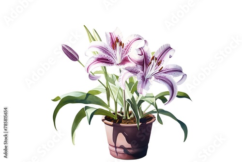Lily flower in pot isolated on white background. Watercolor illustration