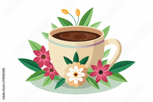 A charming coffee cup adorned with flowers rests serenely on a pristine white background.