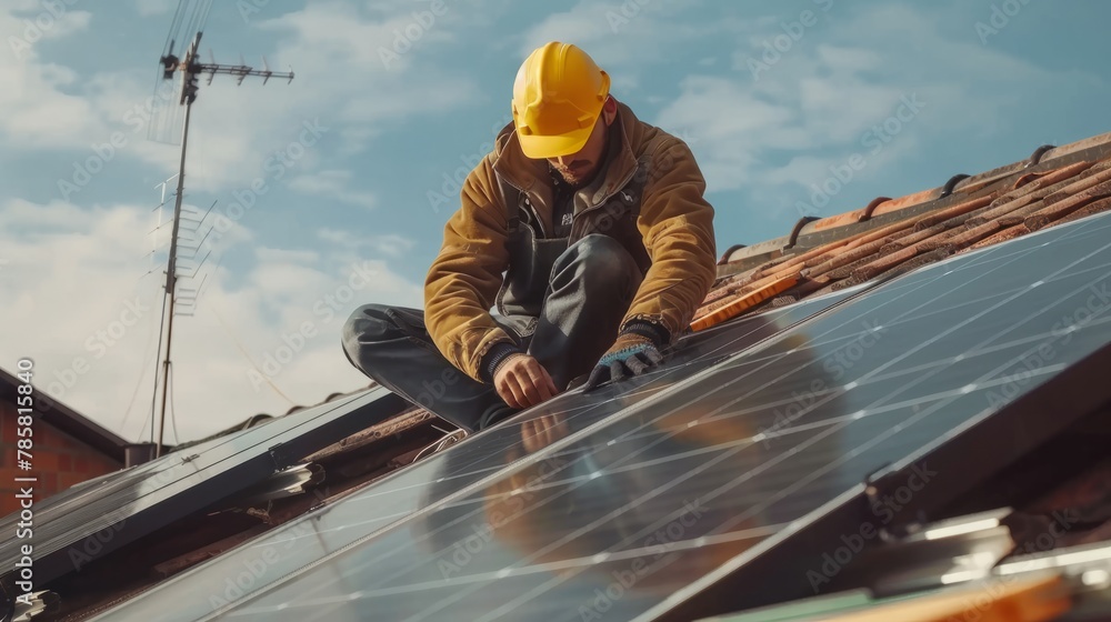 Handyman installing solar panels on the roof. Solar modules. Concept of alternative energy and power sustainable resources. Solar panel system installation. hyper realistic 