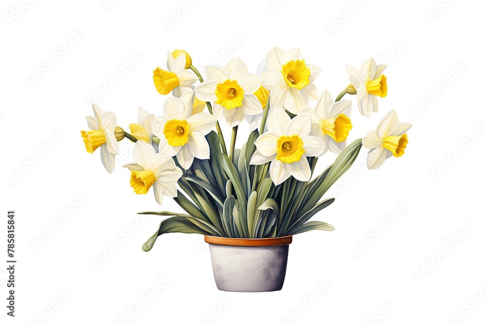 Bouquet of daffodils in vase isolated on white background.
