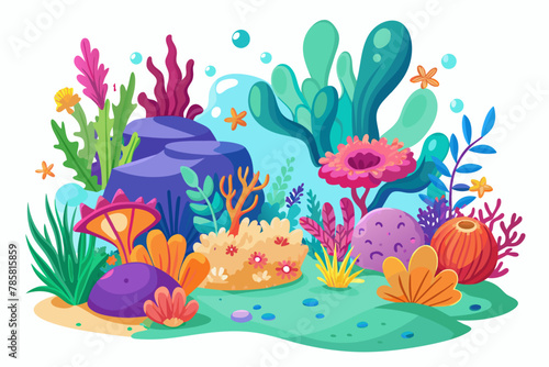 Coral reefs  featuring cartoonish charm  are adorned with colorful flowers  creating a vibrant underwater scene.