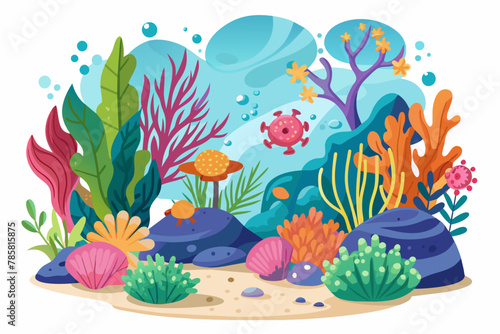 Coral reefs cartoon charming with flowers on a white background.