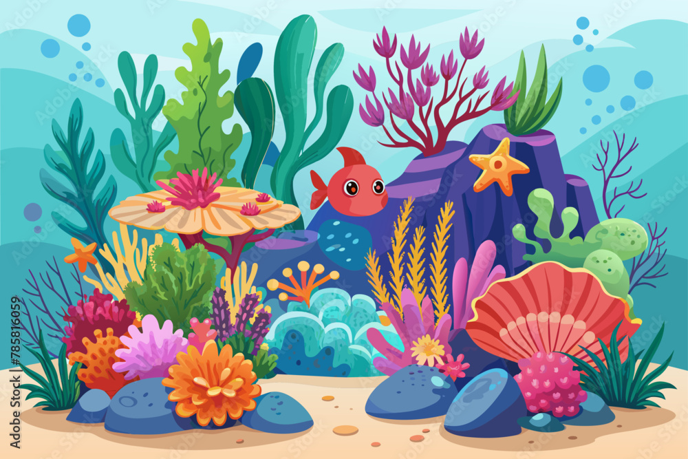 Charming coral reefs cartoon with blooming flowers on a white background.