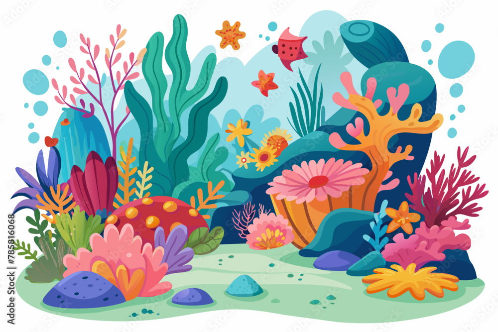 Charming cartoon coral reefs adorned with vibrant flowers dance gracefully on a white background.