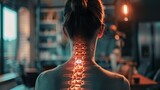 Intervertebral hernia of the cervical spine, neck pain, woman suffering from backache at home, spinal disc disease hyper realistic 