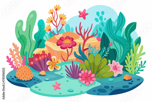 Coral reefs cartoon charming with flowers on a white background.