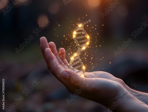 A Hand Holding a Glowing DNA Strand Symbolizing Resilience and Hope in the Face of Cancer