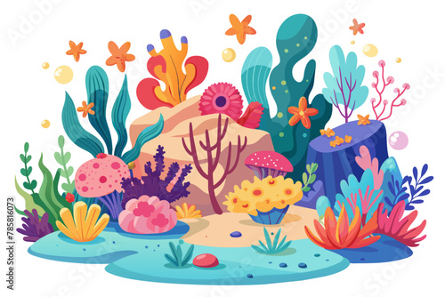 Coral reefs flourish in a vibrant underwater garden adorned with colorful flowers  creating an enchanting cartoon-like scene.