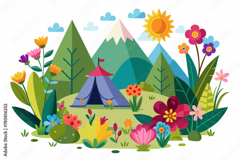 Charming camping setup with colorful flowers, isolated on a white background.