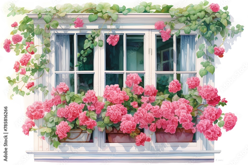 Beautiful window with pink roses. Watercolor painting on white background