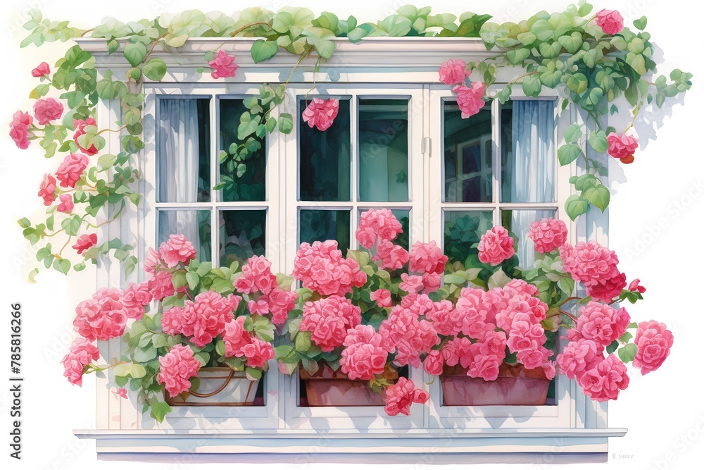 Beautiful window with pink roses. Watercolor painting on white background Beautiful window with pink roses. Watercolor painting on white background