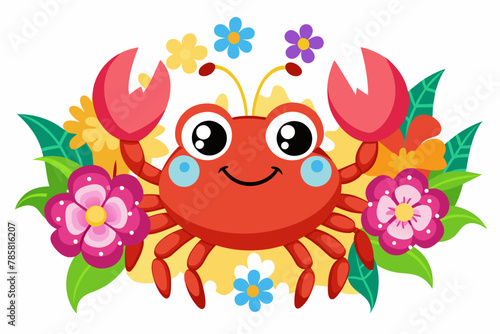 Charming crab cartoon with blooming flowers adorning its shell.