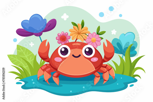Charming cartoon crab adorns a flower crown and poses gracefully.