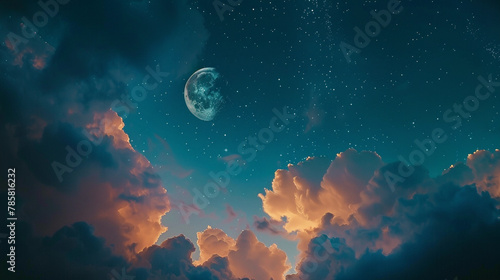 background The night sky with the moon and stars is taken from a certain angle