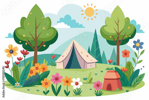 Charming camp with colorful flowers adorns a pristine white backdrop.