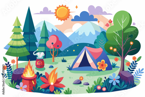 Charming campsite with vibrant wildflowers blooming in the foreground.