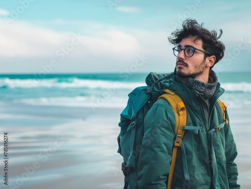Man wearing a green jacket and glasses packs his backpack with a beach in the background. Traveling alone concept 