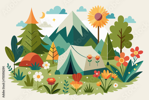 Charming camping setup with colorful flowers  isolated on a white background.