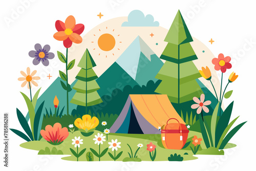 Camping becomes charming with vibrant flowers blooming against a pristine white background.